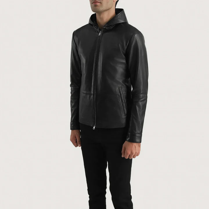 andy matte black hooded leather jacket premium sheep leather for men