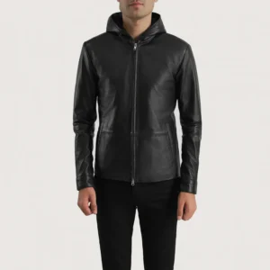 Home andy matte black hooded leather jacket premium sheep leather for men