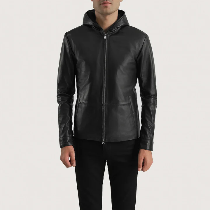 andy matte black hooded leather jacket premium sheep leather for men