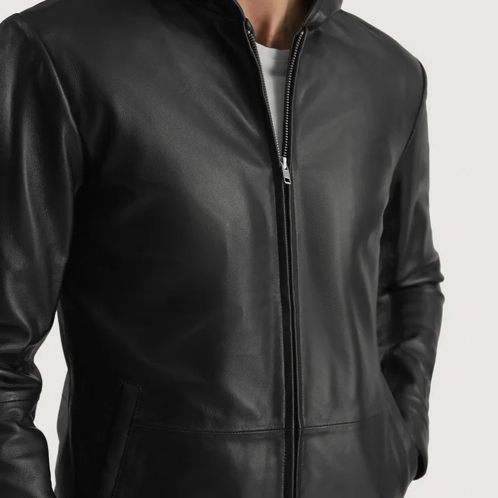 andy matte black hooded leather jacket premium sheep leather for men