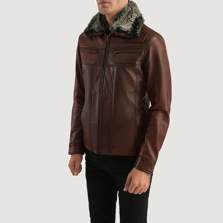 evan hart men's brown sheep leather jacket | fur collar style