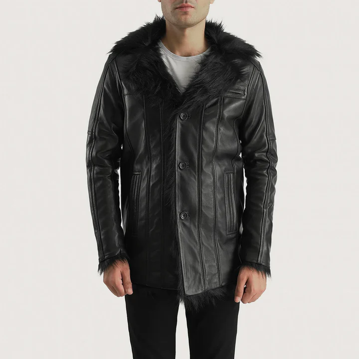 furcliff men's black sheepskin leather coat | real sherpa fur lining