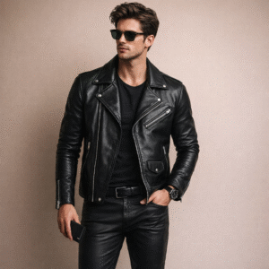 Home premium men’s black leather biker jacket and matching trousers set