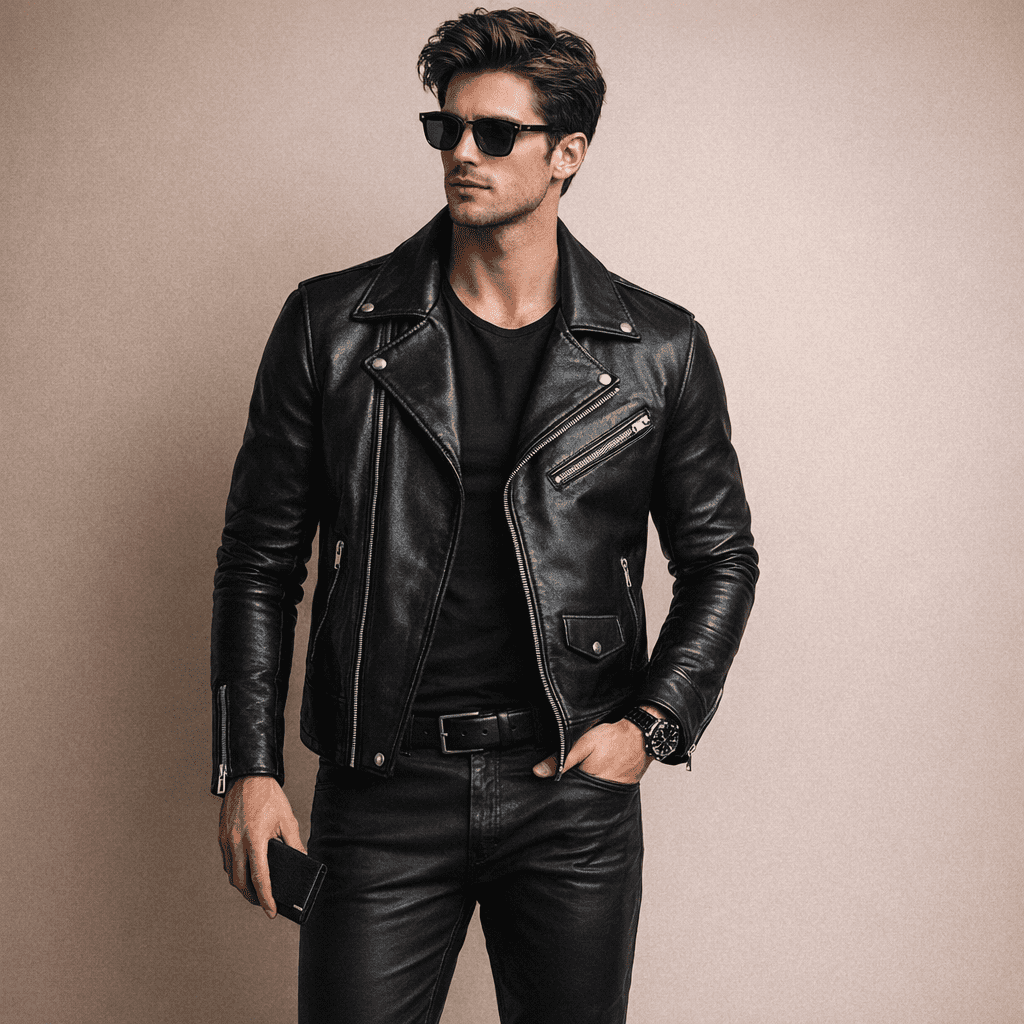 premium men’s black leather biker jacket and matching trousers set